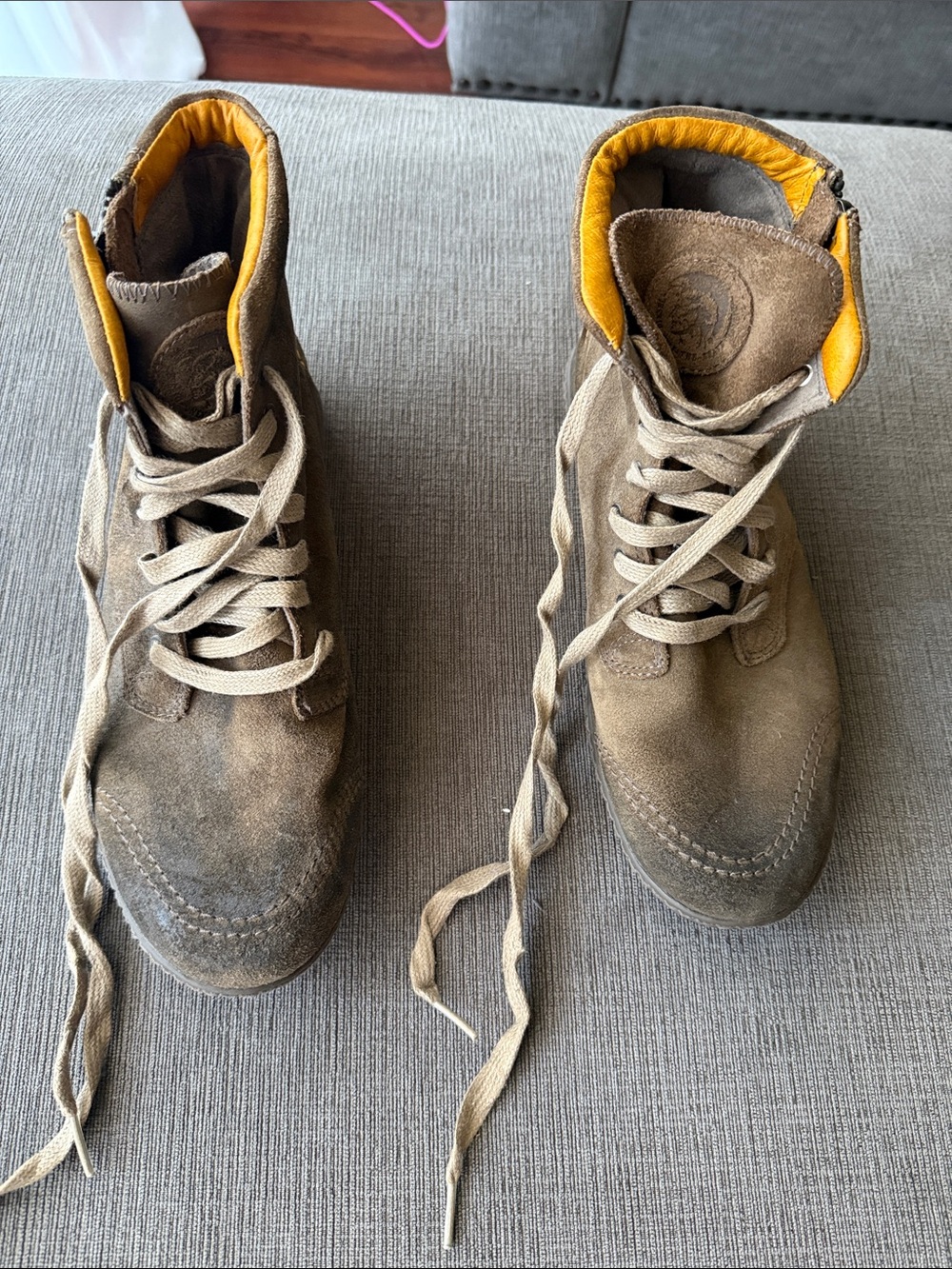 Diesel Brown Suede Lace-Up Boots with Yellow Interior